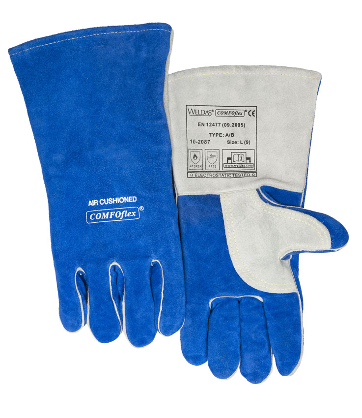 Schweißerhandschuhe blau mit verstärktem Daumen